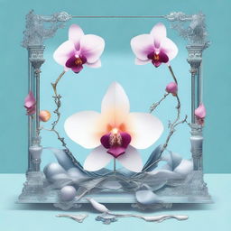 An illustration of an orchid surrounded by mirrors and bones, with paper on fire