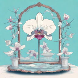 An illustration of an orchid surrounded by mirrors and bones, with paper on fire