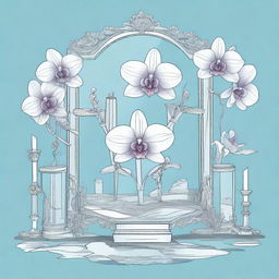 An illustration of an orchid surrounded by mirrors and bones, with paper on fire