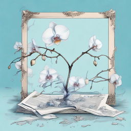 An illustration of an orchid surrounded by mirrors and bones, with paper on fire