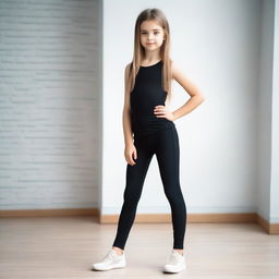 A petite Ukrainian girl wearing black leggings, standing in a casual pose