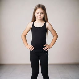 A petite Ukrainian girl wearing black leggings, standing in a casual pose