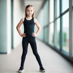 A petite Ukrainian girl wearing black leggings, standing in a casual pose