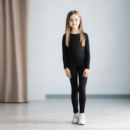 A petite Ukrainian girl wearing black leggings, standing in a casual pose