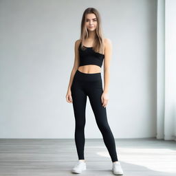 An 18-year-old petite Ukrainian girl wearing black leggings, standing in a casual pose