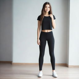 An 18-year-old petite Ukrainian girl wearing black leggings, standing in a casual pose