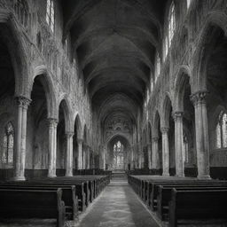 A highly detailed and abandoned haunted gothic church, filled with ornate architecture and melancholy frescoes. Spectral white ghosts sit within, all depicted in dramatic black and white.