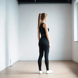 A petite 18-year-old Ukrainian girl wearing black leggings, viewed from behind