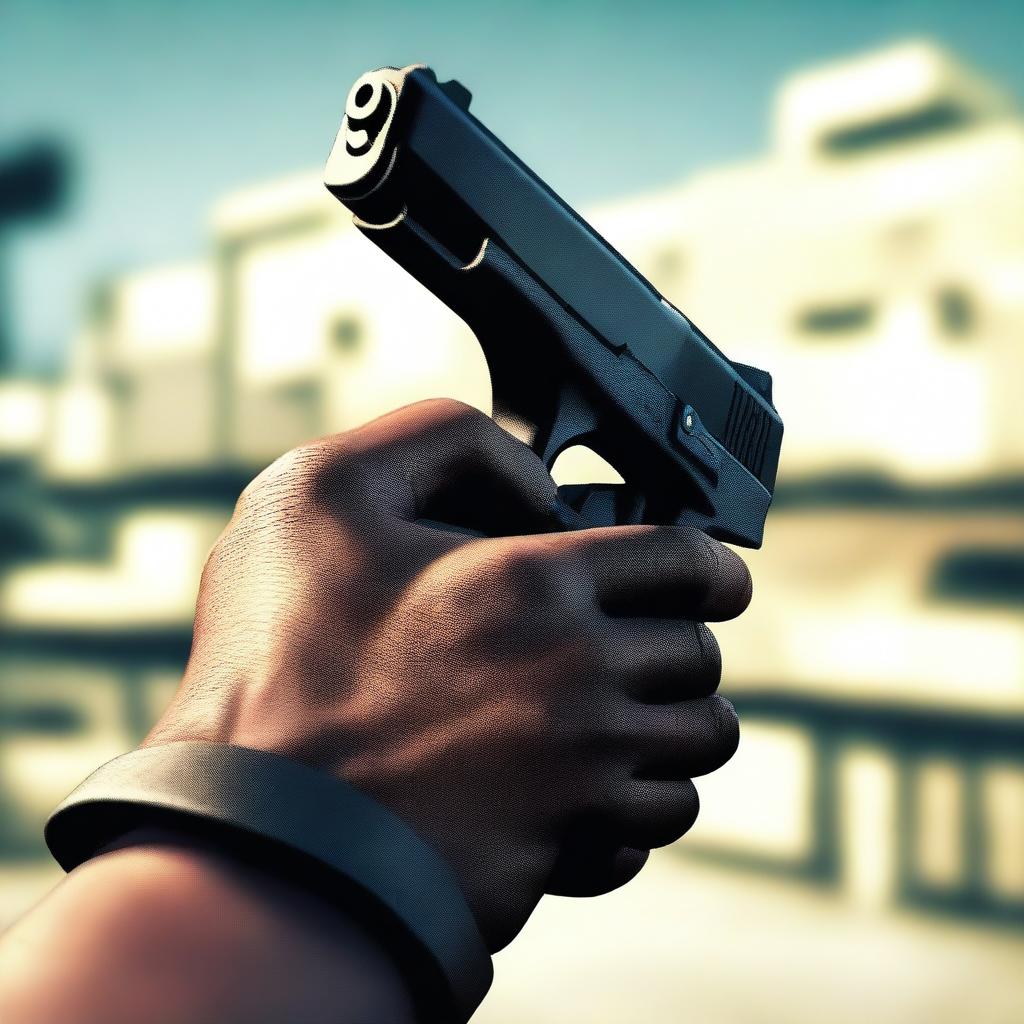 A first-person view of a person holding a handgun