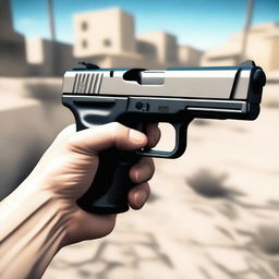 A first-person view of a person holding a handgun