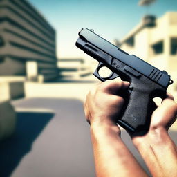 A first-person view of a person holding a handgun