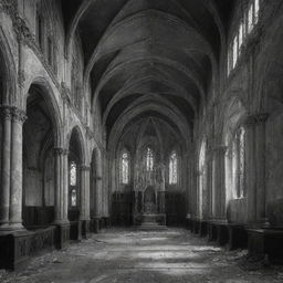 A highly detailed and abandoned haunted gothic church, filled with ornate architecture and melancholy frescoes. Spectral white ghosts sit within, all depicted in dramatic black and white.