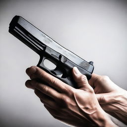 A detailed image of a handgun being held in someone's hands