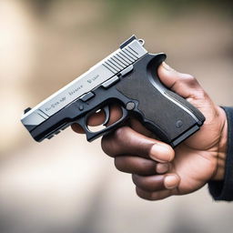 A detailed image of a handgun being held in someone's hands