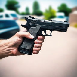 A first-person perspective image showing a handgun being held in the hands