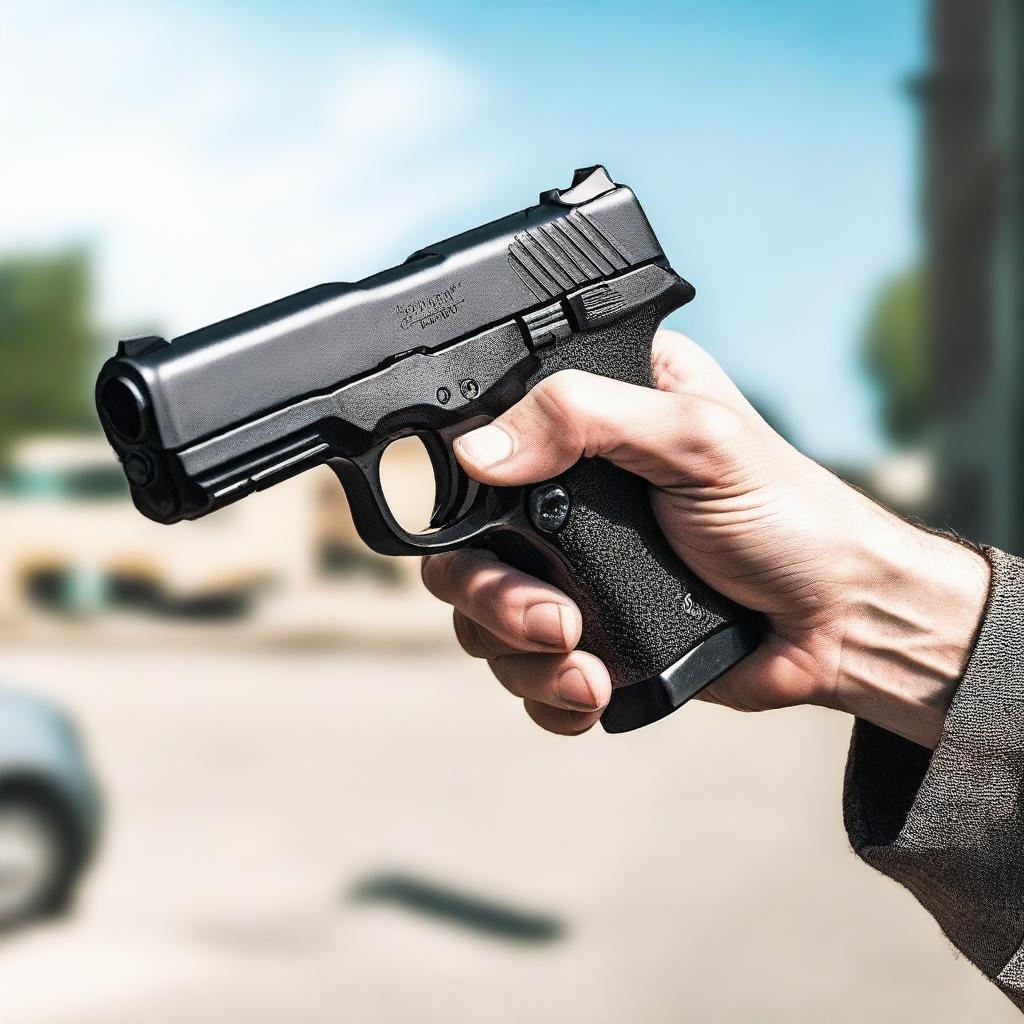 A first-person perspective image showing a handgun being held in the hands