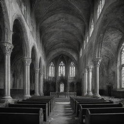 A highly detailed and abandoned haunted gothic church, filled with ornate architecture and melancholy frescoes. Spectral white ghosts sit within, all depicted in dramatic black and white.