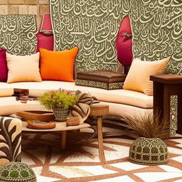 Beautiful outdoor seating area design, influenced by the intricate and flowing patterns of Arabic lines, featuring plush cushions, distinct geometric motifs, and detailed embellishments in lush colors.