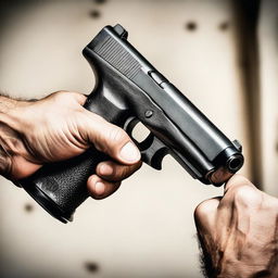 A first-person perspective image showing a handgun being held in the hands