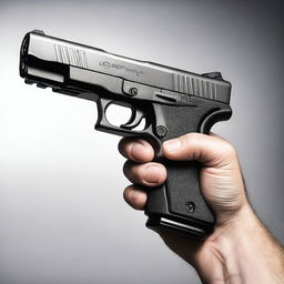 A first-person perspective image showing a handgun being held in the hands