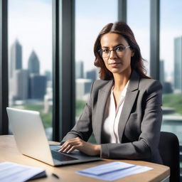 A professional business woman in a modern office setting, dressed in a stylish business suit, confidently working at her desk with a laptop and documents