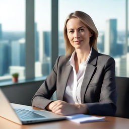 A professional business woman in a modern office setting, dressed in a stylish business suit, confidently working at her desk with a laptop and documents