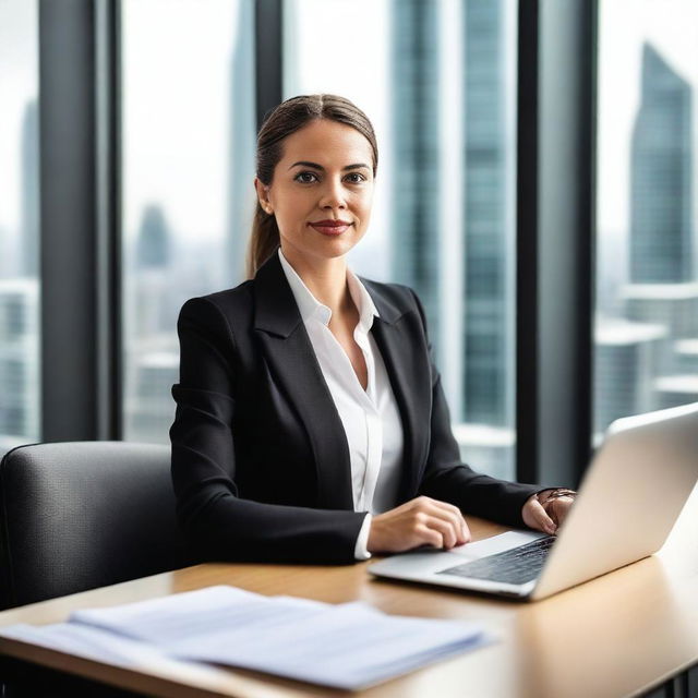 A professional business woman in a modern office setting, dressed in a stylish business suit, confidently working at her desk with a laptop and documents