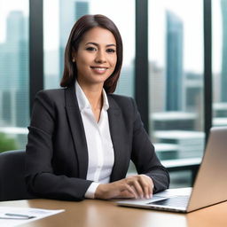 A professional business woman in a modern office setting, dressed in a stylish business suit, confidently working at her desk with a laptop and documents