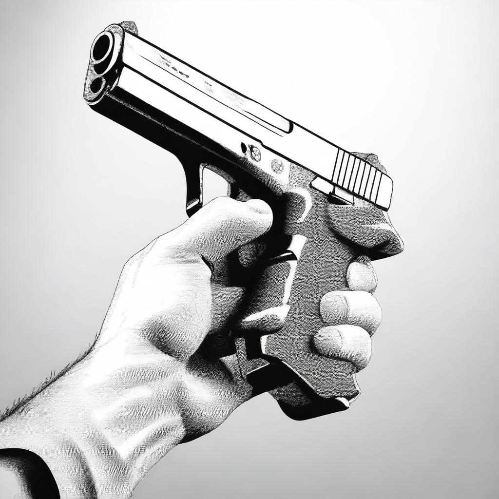 A first-person perspective image showing a handgun being held in the hands, pointed directly forward