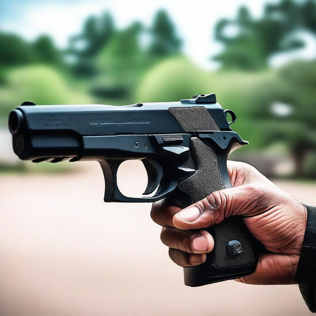 A first-person perspective image showing a handgun being held in the hands, pointed directly forward