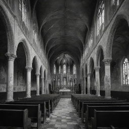 A highly detailed and abandoned haunted gothic church, filled with ornate architecture and melancholy frescoes. Spectral white ghosts sit within, all depicted in dramatic black and white.