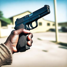 A first-person perspective image showing a handgun being held in the hands, pointed directly forward