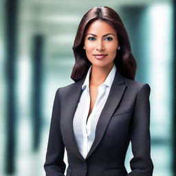 A stylish business woman in a sleek, professional outfit, exuding confidence and elegance in a corporate setting