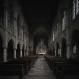 The haunted gothic church, intricately detailed and abandoned, with its ornate architecture and melancholy frescoes. White ghosts sitting and everything enveloped in the darkness of night with only faint light.