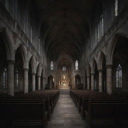 The haunted gothic church, intricately detailed and abandoned, with its ornate architecture and melancholy frescoes. White ghosts sitting and everything enveloped in the darkness of night with only faint light.