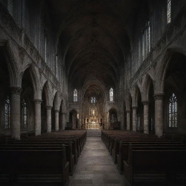 The haunted gothic church, intricately detailed and abandoned, with its ornate architecture and melancholy frescoes. White ghosts sitting and everything enveloped in the darkness of night with only faint light.