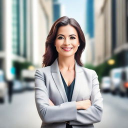 Create a professional LinkedIn and YouTube cover image featuring a confident woman in a business setting