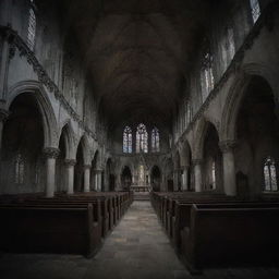 The haunted gothic church, intricately detailed and abandoned, with its ornate architecture and melancholy frescoes. White ghosts sitting and everything enveloped in the darkness of night with only faint light.