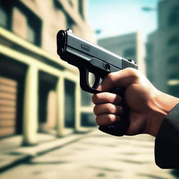 A first-person perspective showing a pair of hands holding a pistol