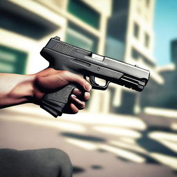 A first-person perspective showing a pair of hands holding a pistol