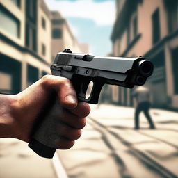 A first-person perspective showing a pair of hands holding a pistol