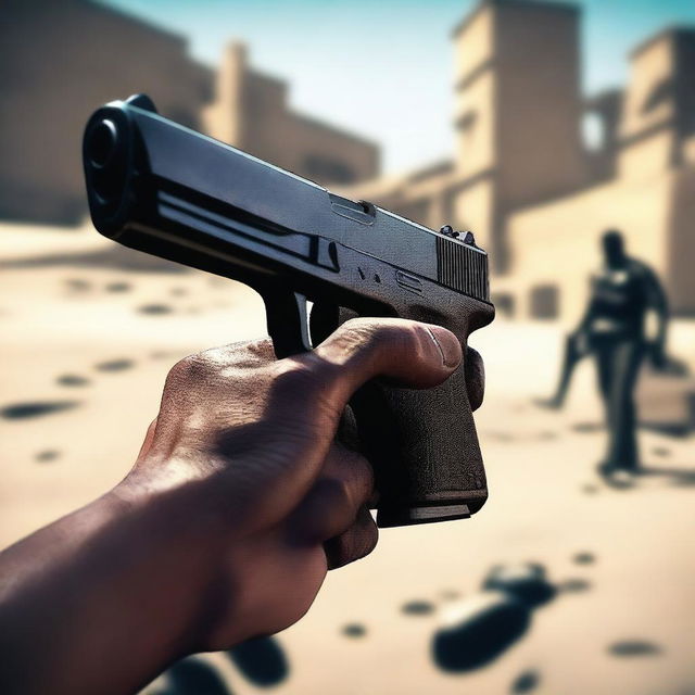 A first-person perspective showing a pair of hands holding a pistol