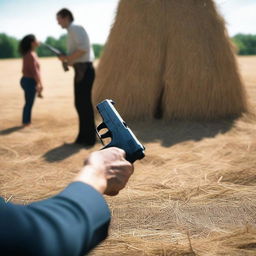 A first-person perspective showing a pair of hands holding a pistol while two people are kissing in a haystack in the background