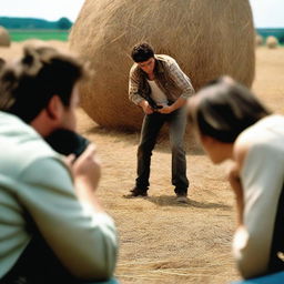 A first-person perspective showing a pair of hands holding a pistol while two people are kissing in a haystack in the background