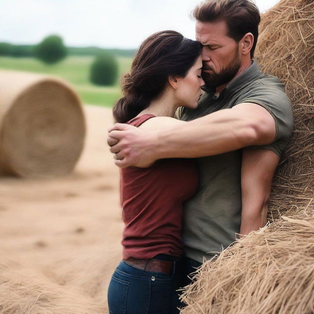 A first-person perspective showing a pair of hands holding a pistol while two people are kissing in a haystack in the background