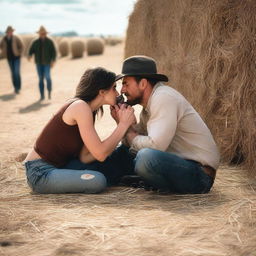 A first-person perspective showing a pair of hands holding a pistol while two people are kissing in a haystack in the background