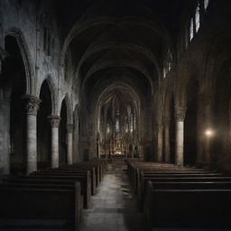 The haunted gothic church, intricately detailed and abandoned, with its ornate architecture and melancholy frescoes. White ghosts sitting and everything enveloped in the darkness of night with only faint light.