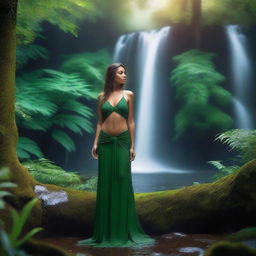 A beautiful woman standing in a lush forest with a waterfall in the background