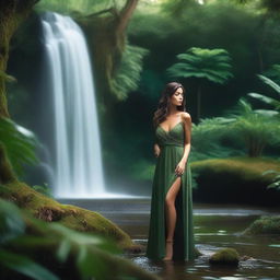 A beautiful woman standing in a lush forest with a waterfall in the background