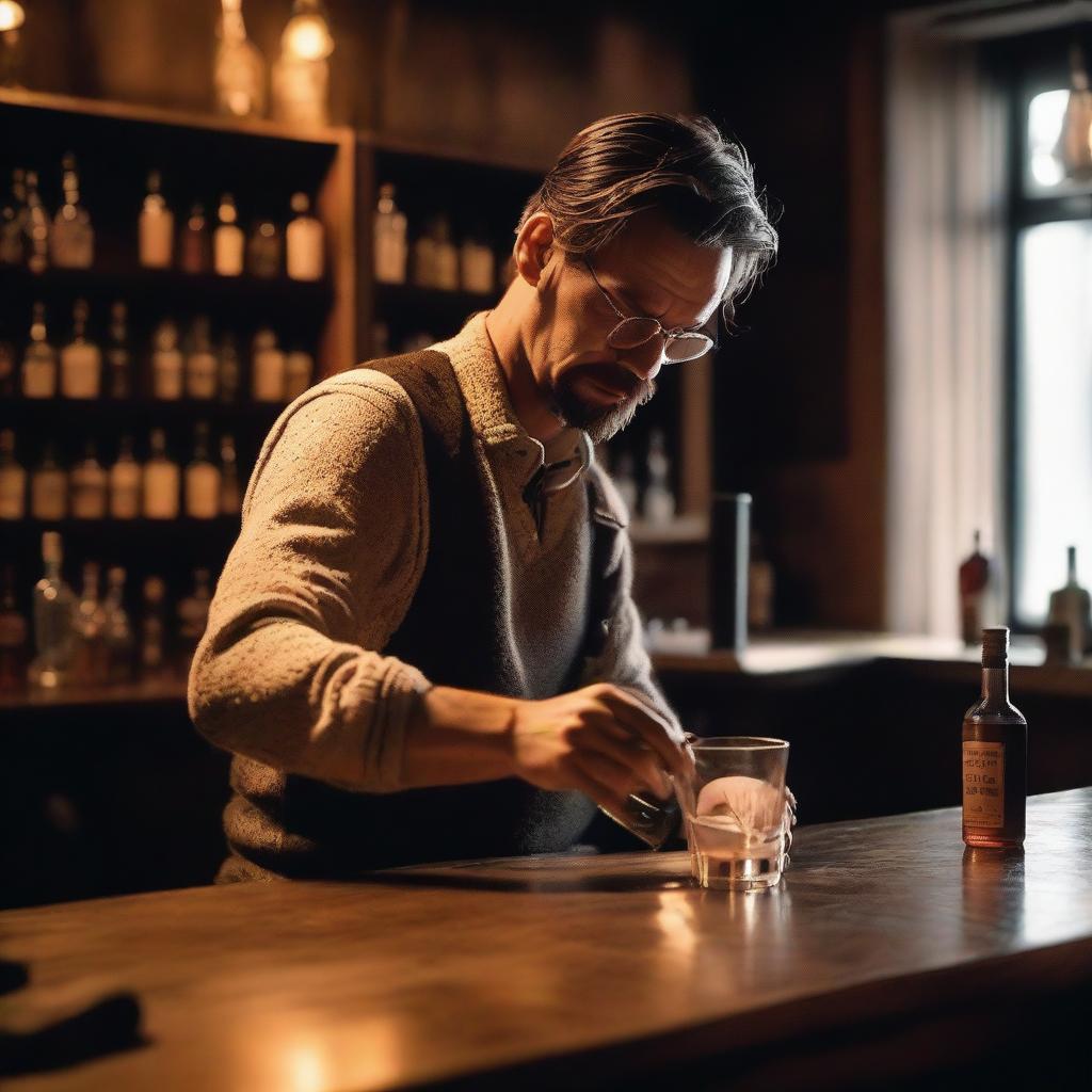 A scene where a person pours vodka into a glass and asks a question